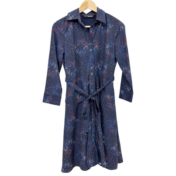 eShakti Red White Blue Star Pattern Navy Long Sleeve Belted Shirt Dress July 4th - Picture 1 of 8